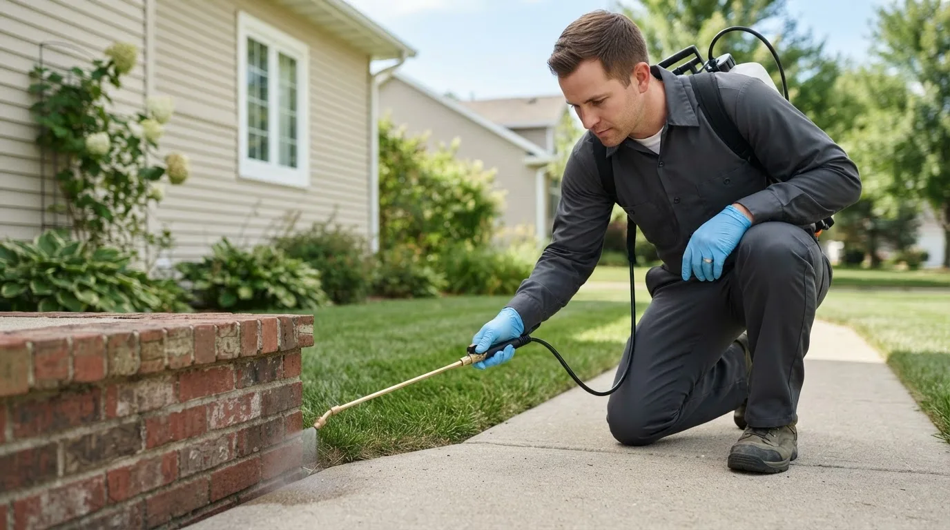 Pest control technician treating a home near Shelburne, VT